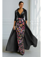 3/4 Sleeve V-Neck Flowers Floral Print Mermaid Evening Dress Floor-Length
