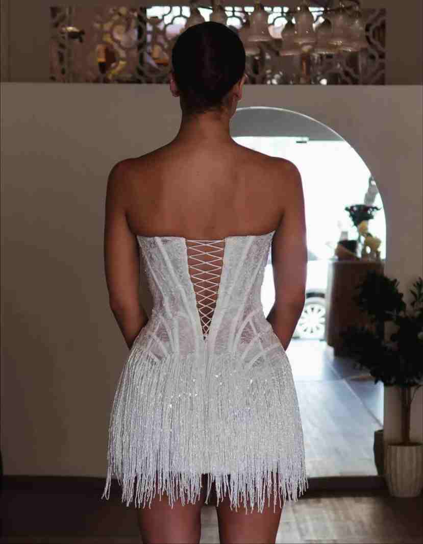 Sparkly White Strapless Lace A-Line Mini Wedding Dresses with Tassel