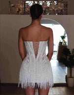 Sparkly White Strapless Lace A-Line Mini Wedding Dresses with Tassel