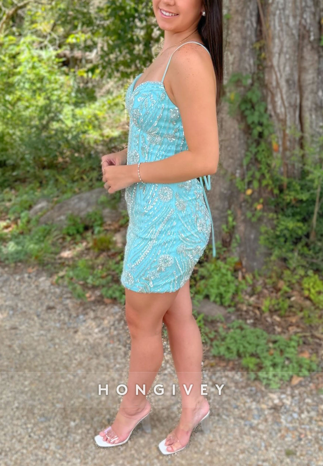 Blue Spaghetti Straps Sheath Short Homecoming Dress with Beading
