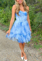 Ruched Strapless V-Neck Blue Floral Print A-Line Short Homecoming Dress