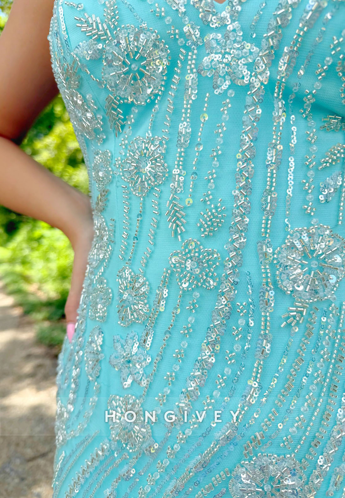 Blue Spaghetti Straps Sheath Short Homecoming Dress with Beading