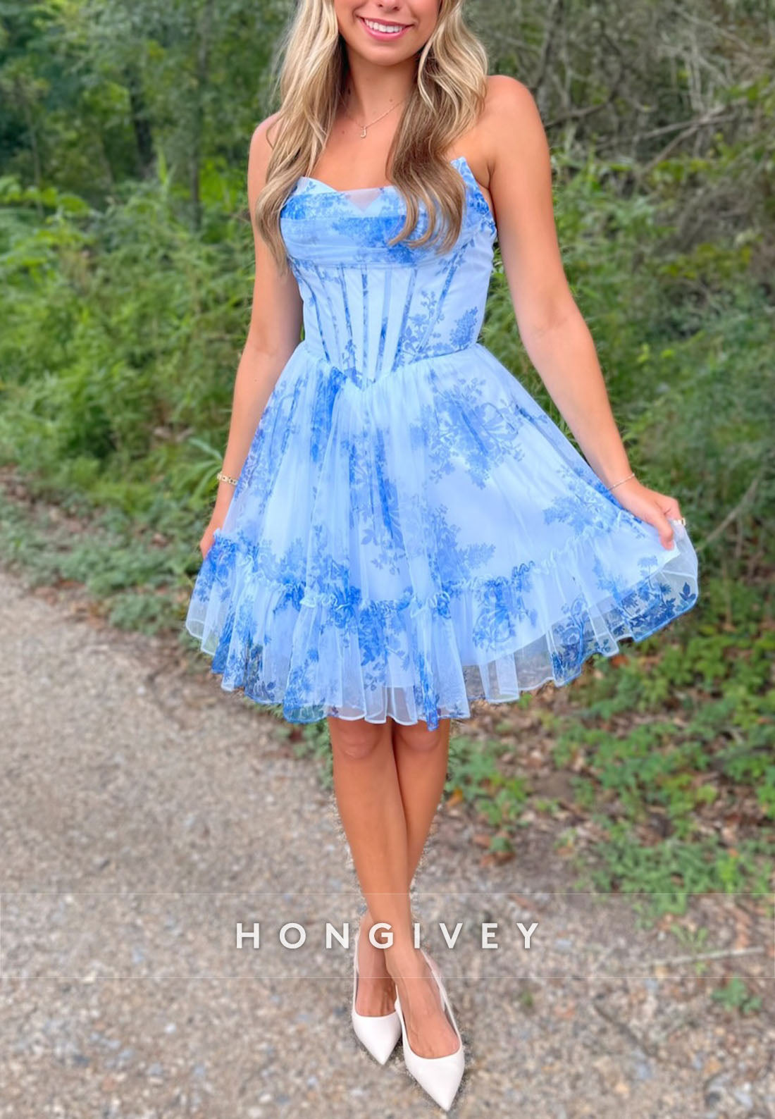 Ruched Strapless V-Neck Blue Floral Print A-Line Short Homecoming Dress
