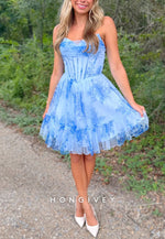 Ruched Strapless V-Neck Blue Floral Print A-Line Short Homecoming Dress