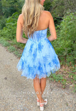 Ruched Strapless V-Neck Blue Floral Print A-Line Short Homecoming Dress