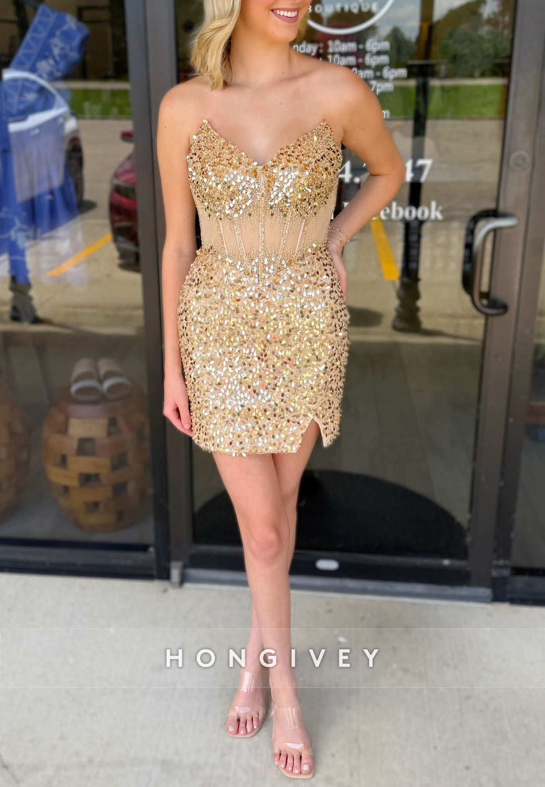 Golden Sheath Sequined Party Dresses Strapless Short Homecoming Dress