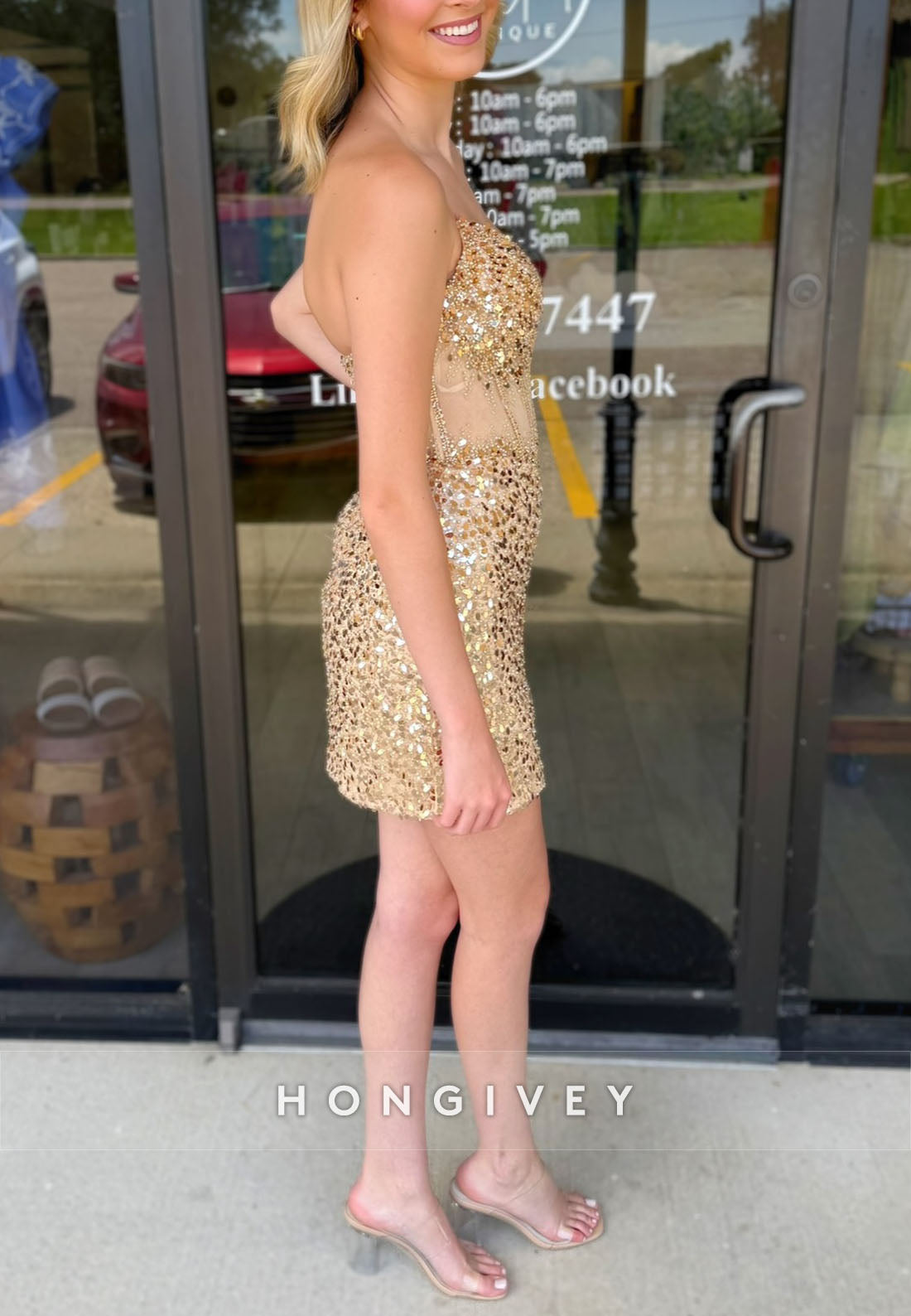 Golden Sheath Sequined Party Dresses Strapless Short Homecoming Dress