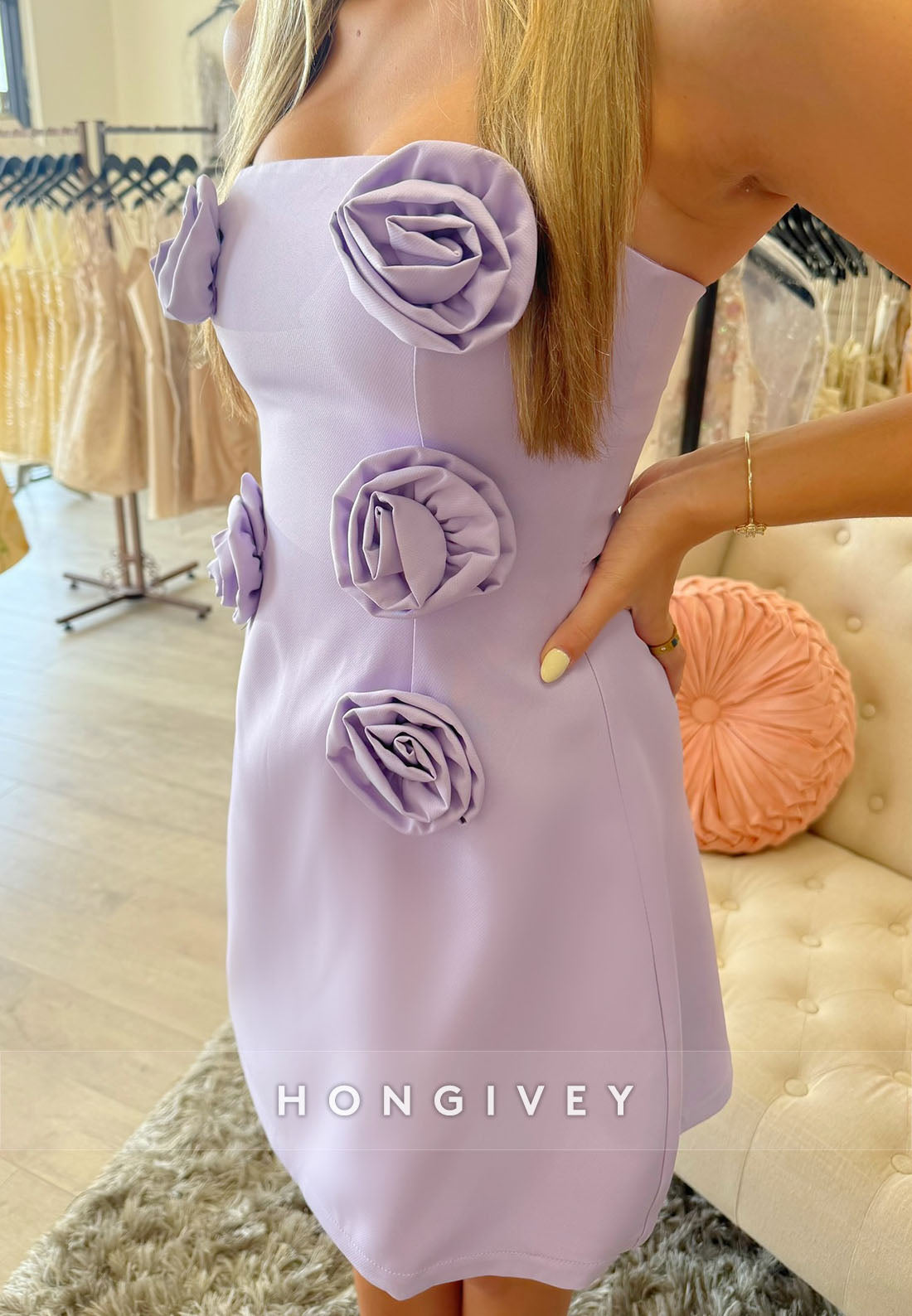 Lilac Strapless A-Line Short Homecoming Dress with Ruched 3D Flowers