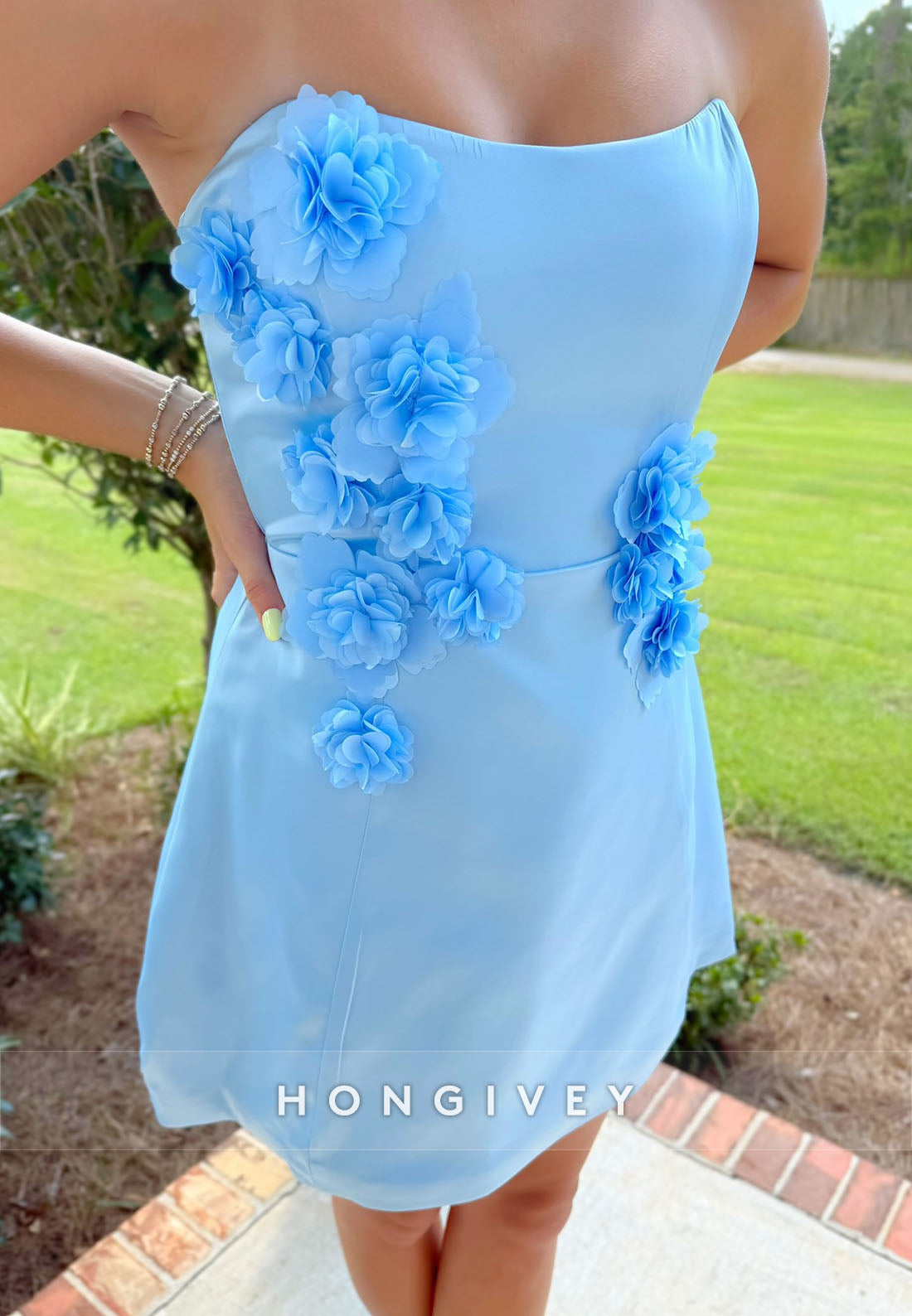 Cute Strapless A-Line Short Homecoming Dress with 3D Flowers