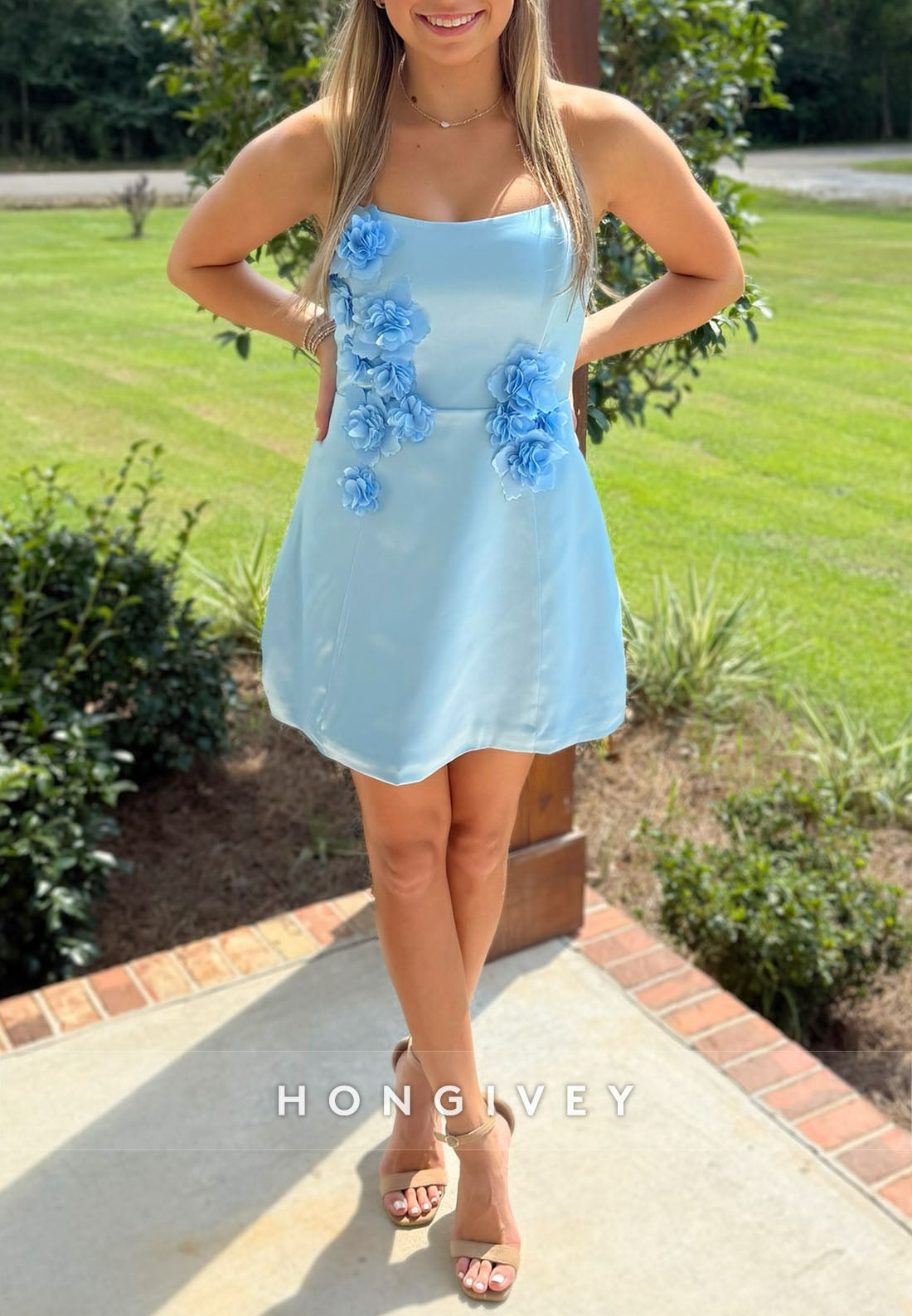 Cute Strapless A-Line Short Homecoming Dress with 3D Flowers
