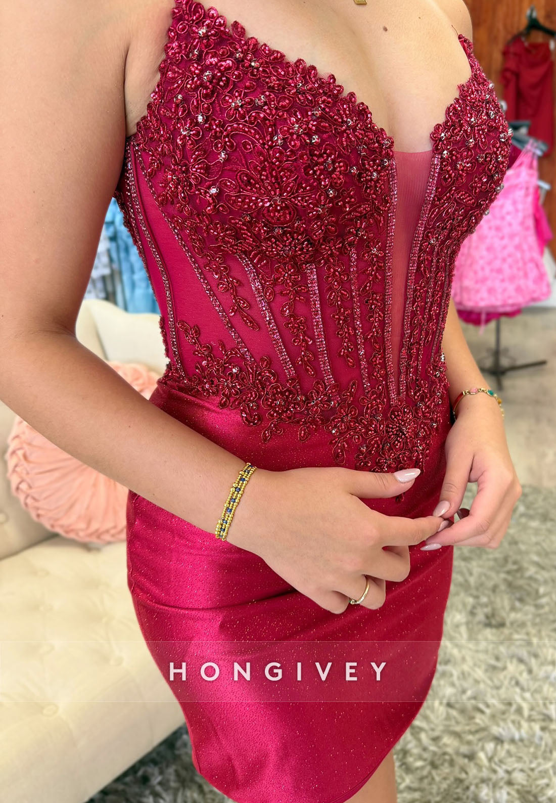 Strapless Burgundy Sheath V-Neck Short Homecoming Dress with Beading