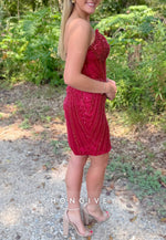 Strapless Burgundy Sheath V-Neck Short Homecoming Dress with Beading