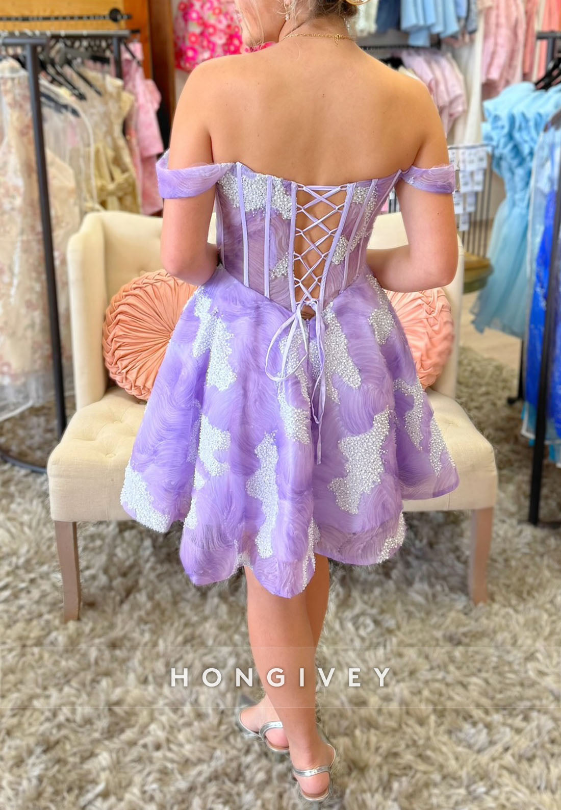 Off the Shoulder Sweetheart Crisscross Back A-Line Short Homecoming Dress