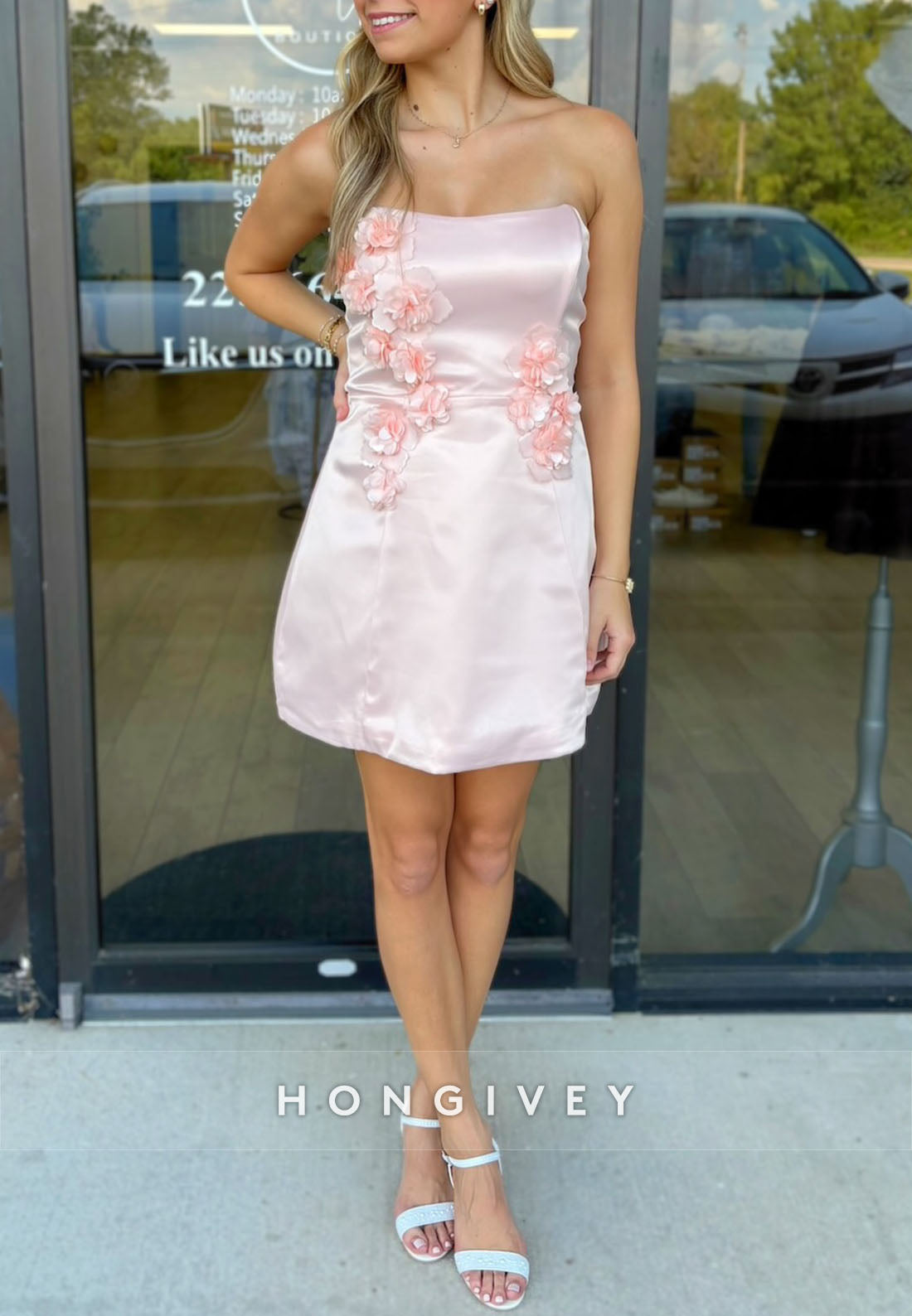 Cute Strapless A-Line Short Homecoming Dress with 3D Flowers