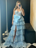 A-Line Sweetheart Sequin Ruffles Long Prom Dresses with Bow