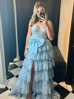 A-Line Sweetheart Sequin Ruffles Long Prom Dresses with Bow