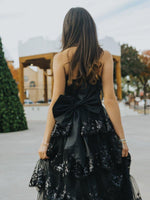 A-Line Sweetheart Sequin Ruffles Long Prom Dresses with Bow