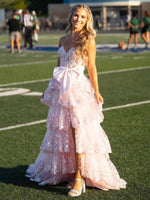 A-Line Sweetheart Sequin Ruffles Long Prom Dresses with Bow