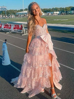 A-Line Sweetheart Sequin Ruffles Long Prom Dresses with Bow