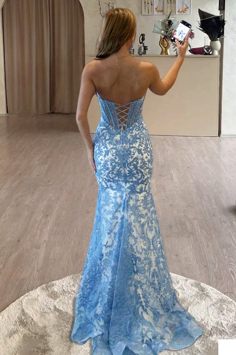 Strapless Mermaid Lace Long Prom Dresses With Beading