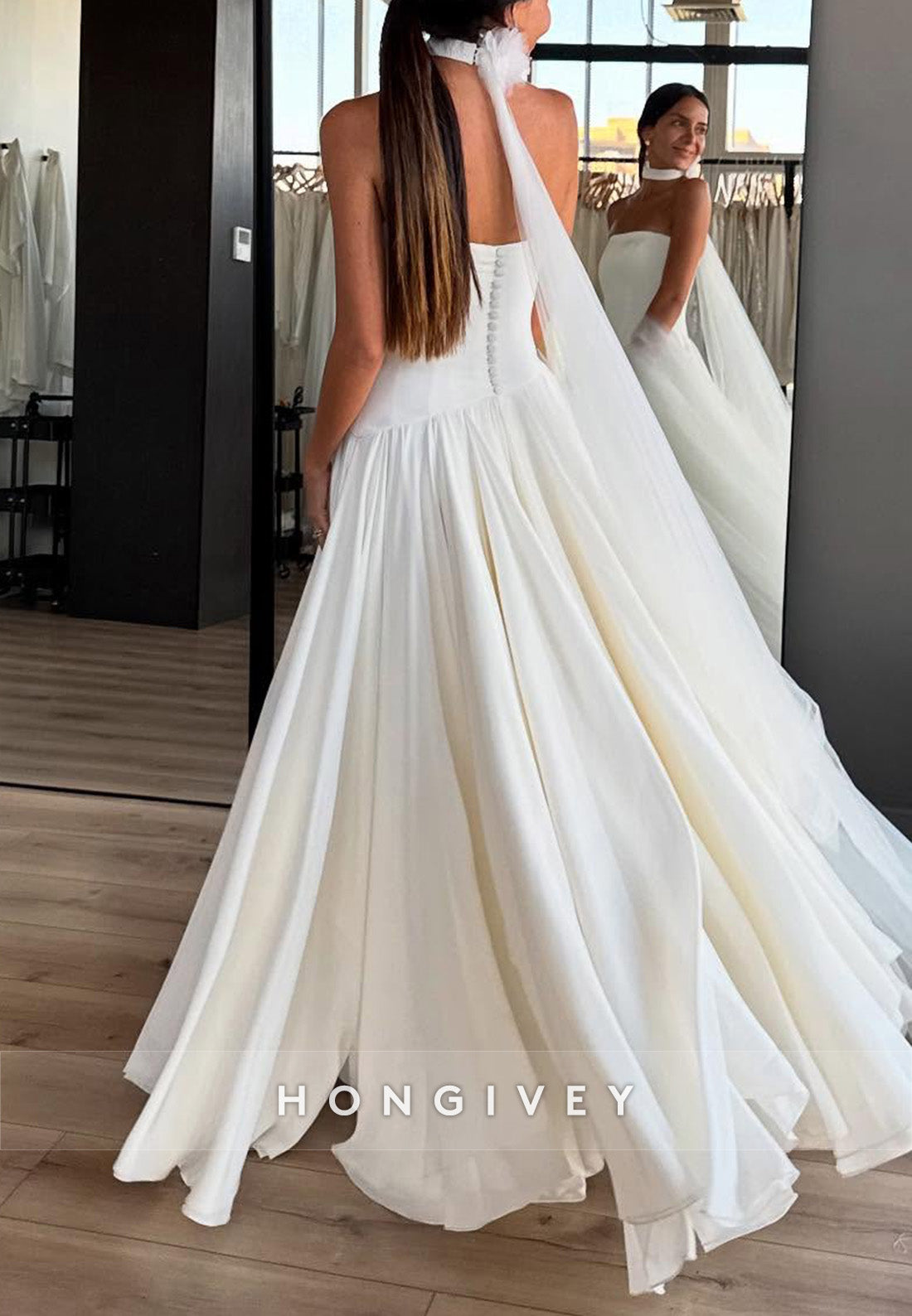 A-Line Strapless Satin Floor-Length Wedding Dresses with Ruffles