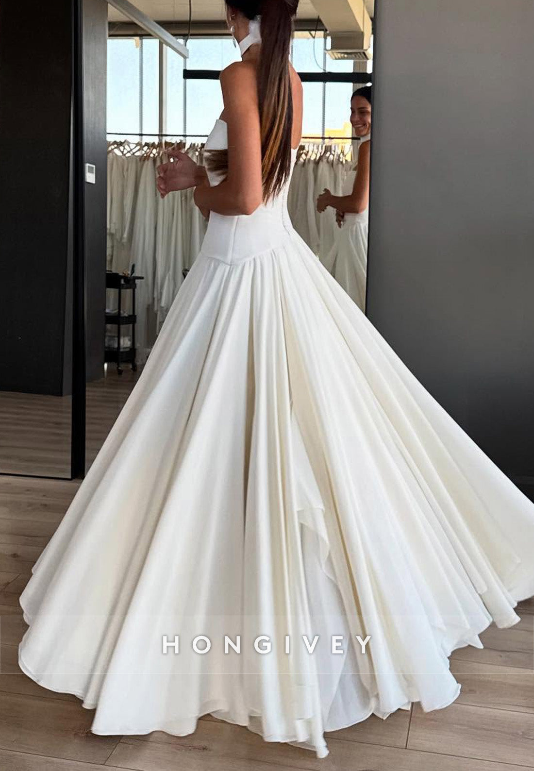 A-Line Strapless Satin Floor-Length Wedding Dresses with Ruffles