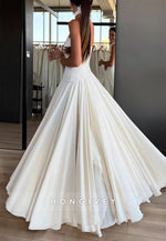 A-Line Strapless Satin Floor-Length Wedding Dresses with Ruffles
