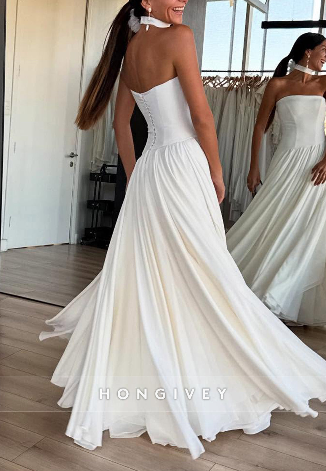 A-Line Strapless Satin Floor-Length Wedding Dresses with Ruffles