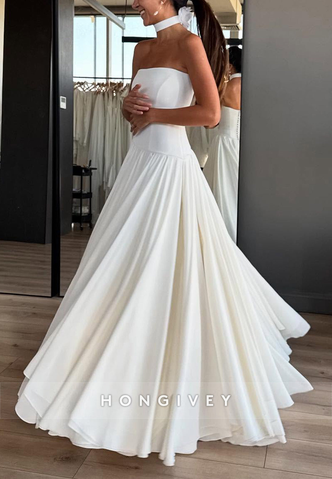 A-Line Strapless Satin Floor-Length Wedding Dresses with Ruffles