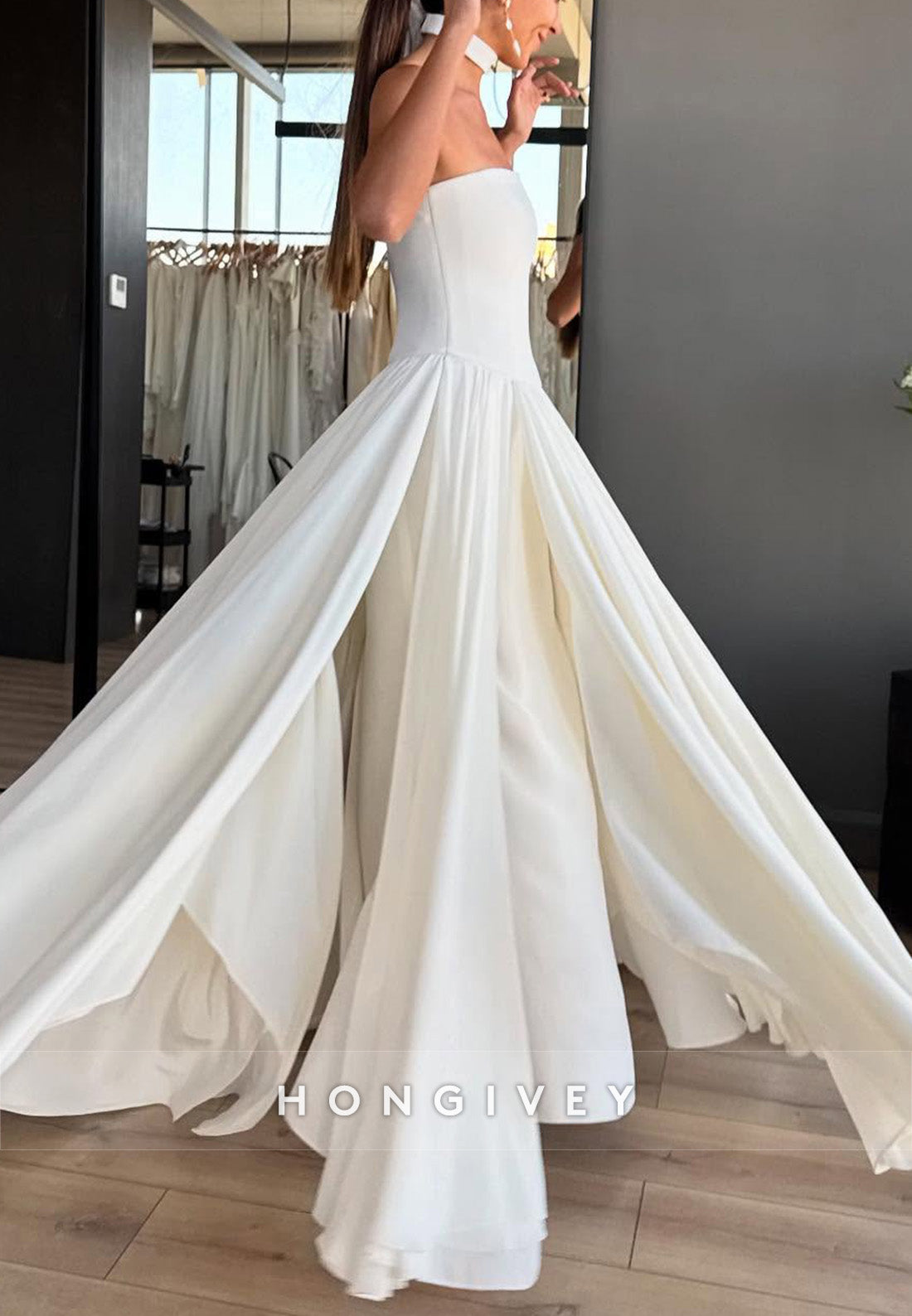 A-Line Strapless Satin Floor-Length Wedding Dresses with Ruffles