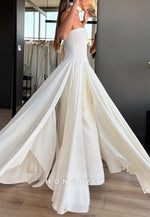 A-Line Strapless Satin Floor-Length Wedding Dresses with Ruffles