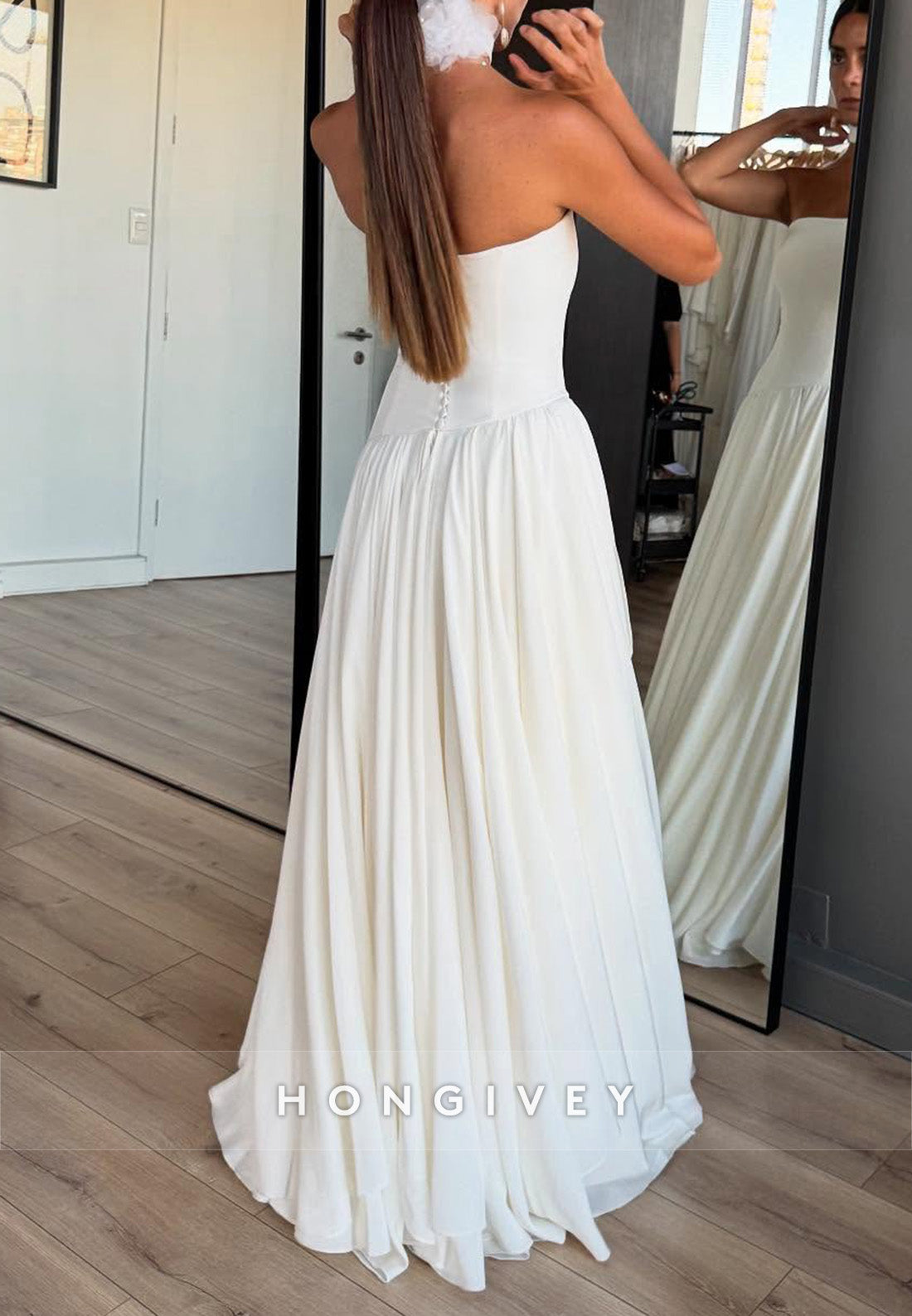 A-Line Strapless Satin Floor-Length Wedding Dresses with Ruffles