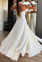 A-Line Strapless Satin Floor-Length Wedding Dresses with Ruffles