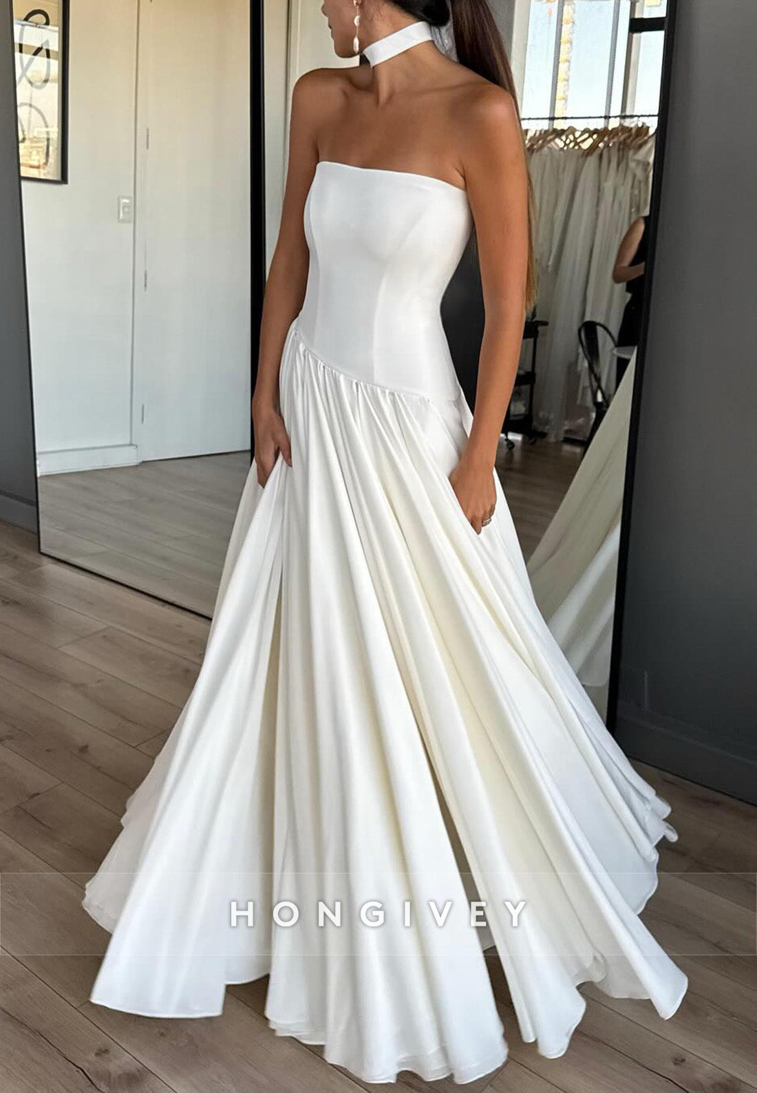 A-Line Strapless Satin Floor-Length Wedding Dresses with Ruffles