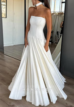 A-Line Strapless Satin Floor-Length Wedding Dresses with Ruffles