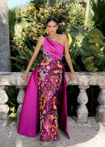 Fuchsia One Shoulder Sleeveless Flowers Floral Print Court Train Evening Dress