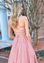 A Line Royal Blue V Neck Satin Prom Dress With Pockets