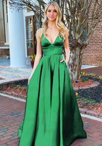 A Line Royal Blue V Neck Satin Prom Dress With Pockets