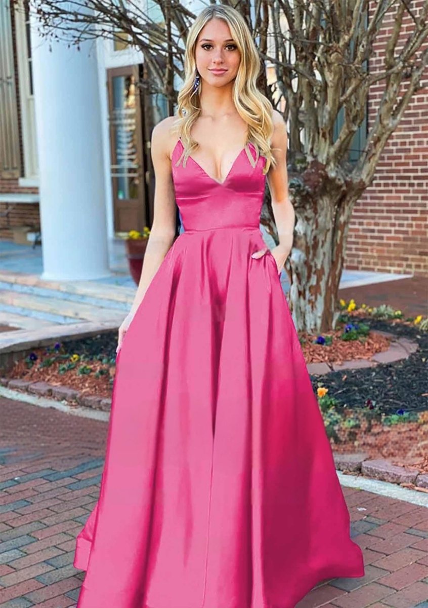 A Line Royal Blue V Neck Satin Prom Dress With Pockets