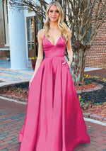 A Line Royal Blue V Neck Satin Prom Dress With Pockets