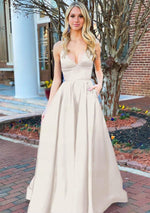 A Line Royal Blue V Neck Satin Prom Dress With Pockets