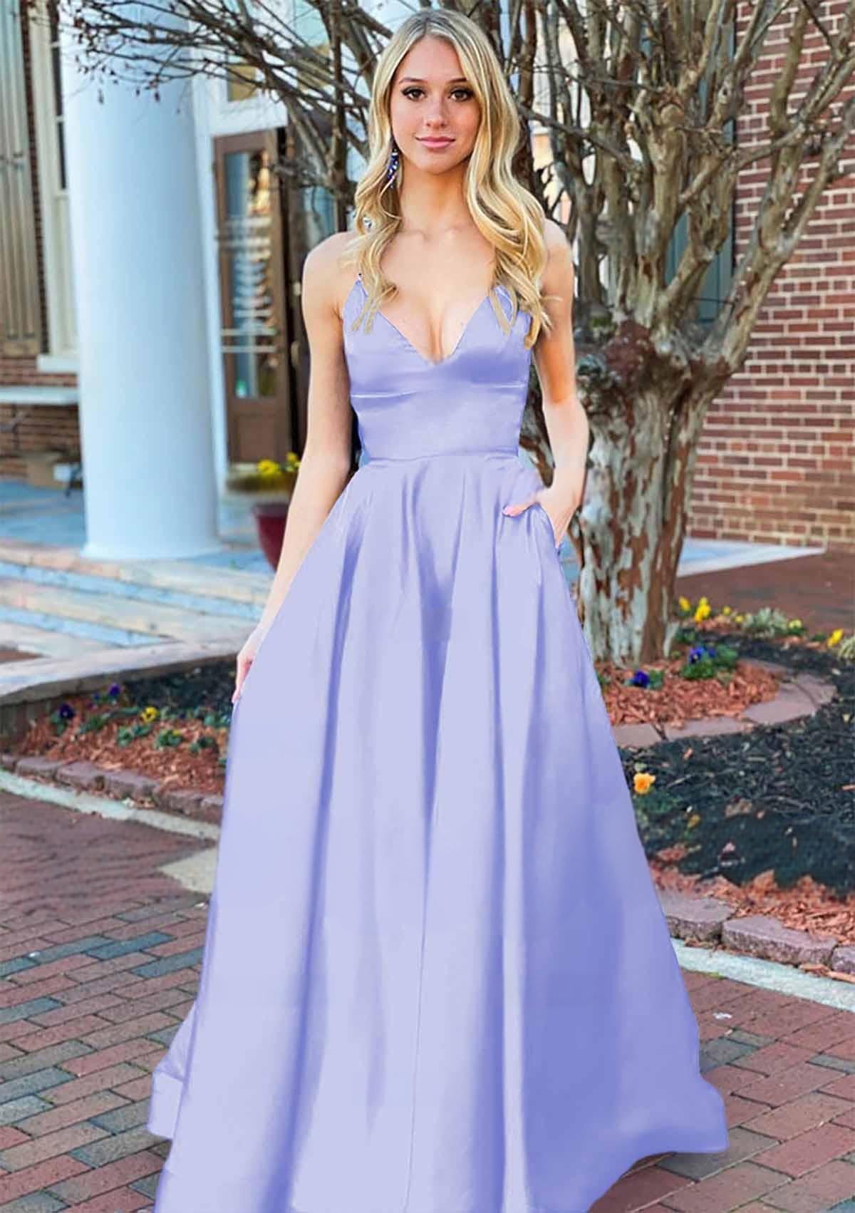 A Line Royal Blue V Neck Satin Prom Dress With Pockets