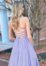 A Line Royal Blue V Neck Satin Prom Dress With Pockets