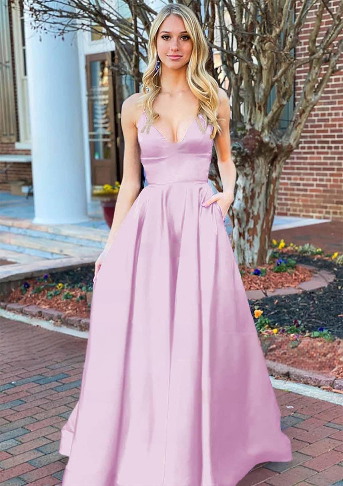 A Line Royal Blue V Neck Satin Prom Dress With Pockets