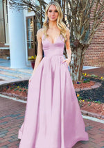 A Line Royal Blue V Neck Satin Prom Dress With Pockets