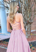 A Line Royal Blue V Neck Satin Prom Dress With Pockets