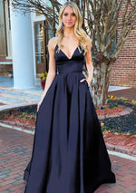 A Line Royal Blue V Neck Satin Prom Dress With Pockets