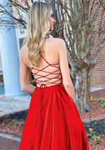 A Line Royal Blue V Neck Satin Prom Dress With Pockets