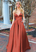 A Line Royal Blue V Neck Satin Prom Dress With Pockets