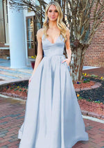 A Line Royal Blue V Neck Satin Prom Dress With Pockets